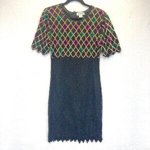 Mark & John Gopal Silk Dress Small Black Sequin Beaded Evening Cocktail Vintage